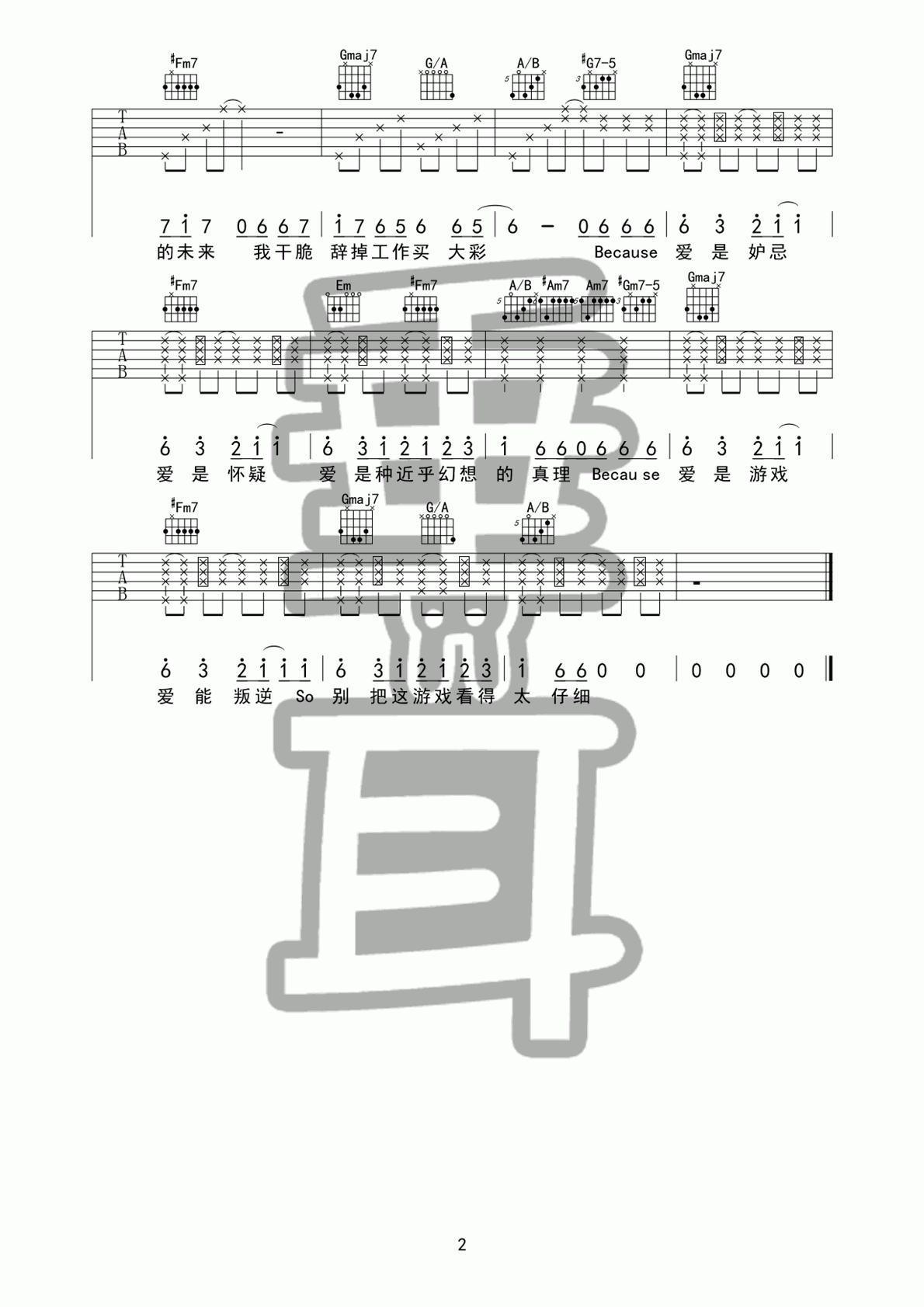 爱是怀疑funk版_E调吉他谱_陈奕迅2