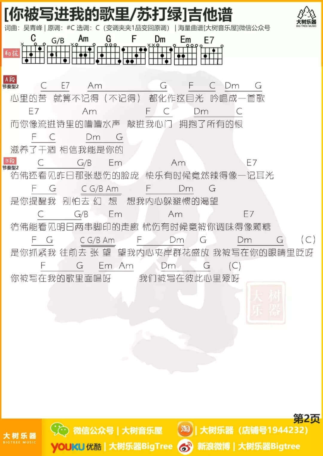 你被写进我的歌里吉他谱 C调-苏打绿1