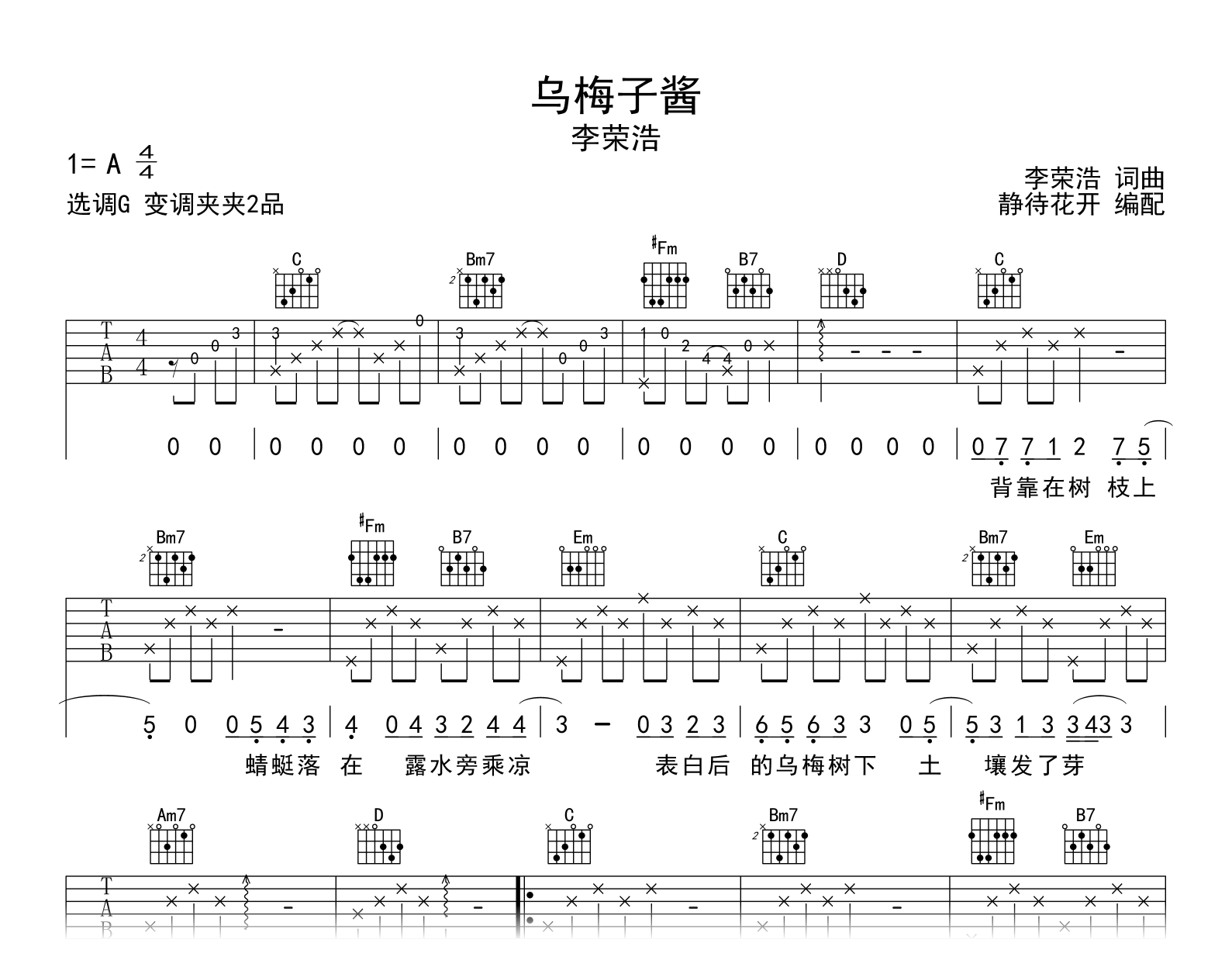 李荣浩《乌梅子酱》吉他谱_G调指法_高清图片谱1