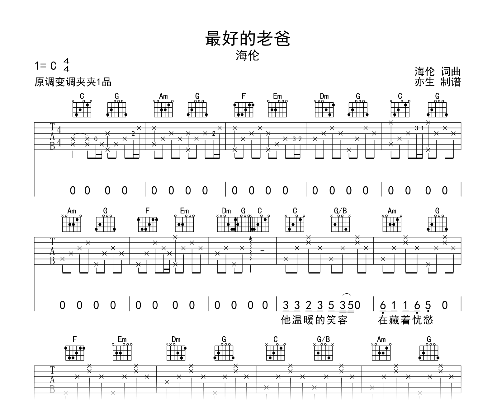 最好的老爸吉他谱_海伦_C调弹唱六线谱1
