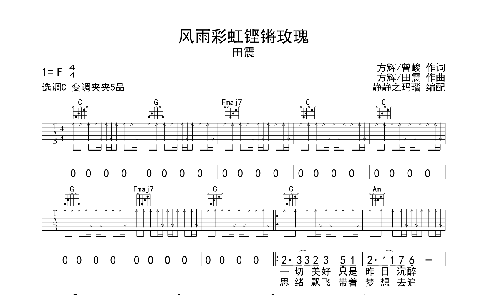 《风雨彩虹铿锵玫瑰》吉他谱_田震_C调扫弦版六线谱1