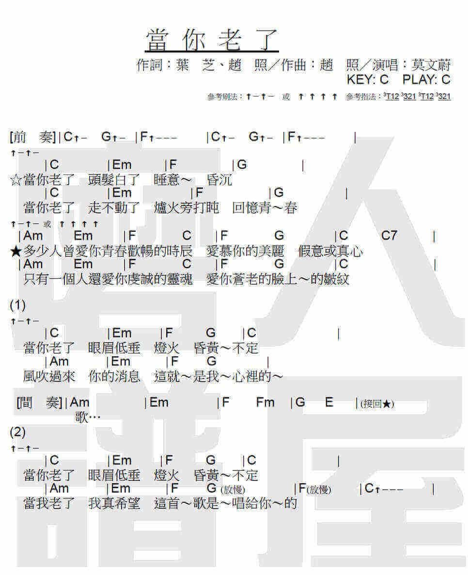 莫文蔚《当你老了》 C调吉他谱1