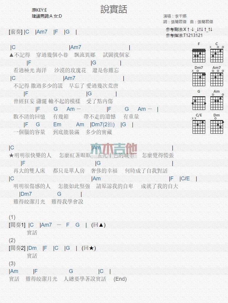 说实话_吉他谱_李千娜1