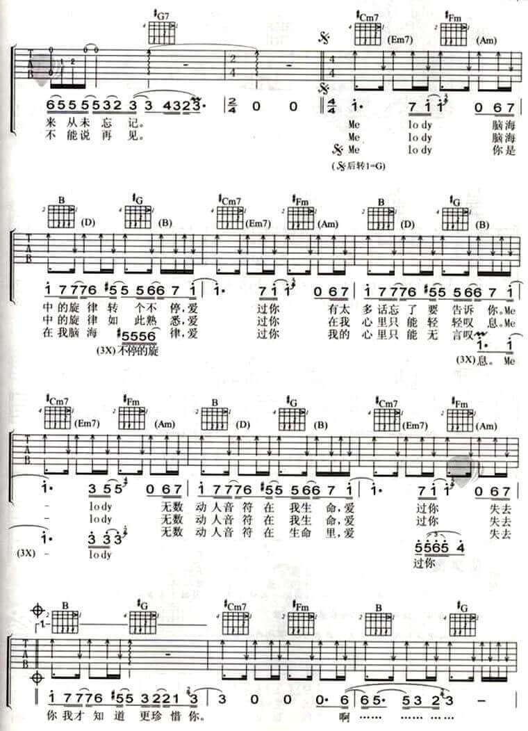 melody吉他谱 G调六线谱-小巧玲珑吉他编配-陶喆1
