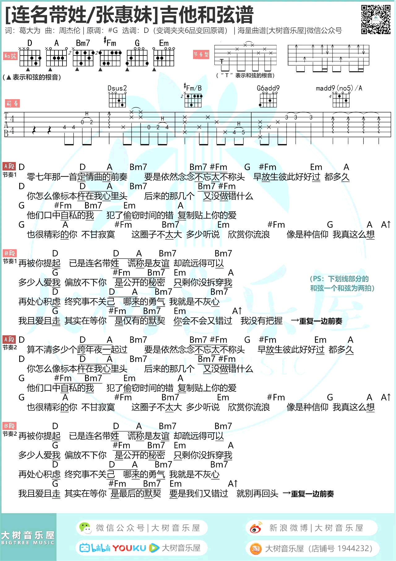 《连名带姓》吉他谱_张惠妹_D调原版六线谱_吉他弹唱教学1
