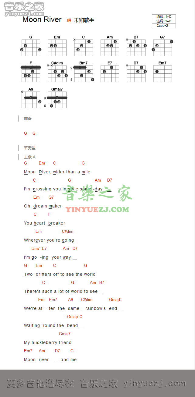 moon river吉他谱 C调和弦谱_音乐之家编配_月亮河1
