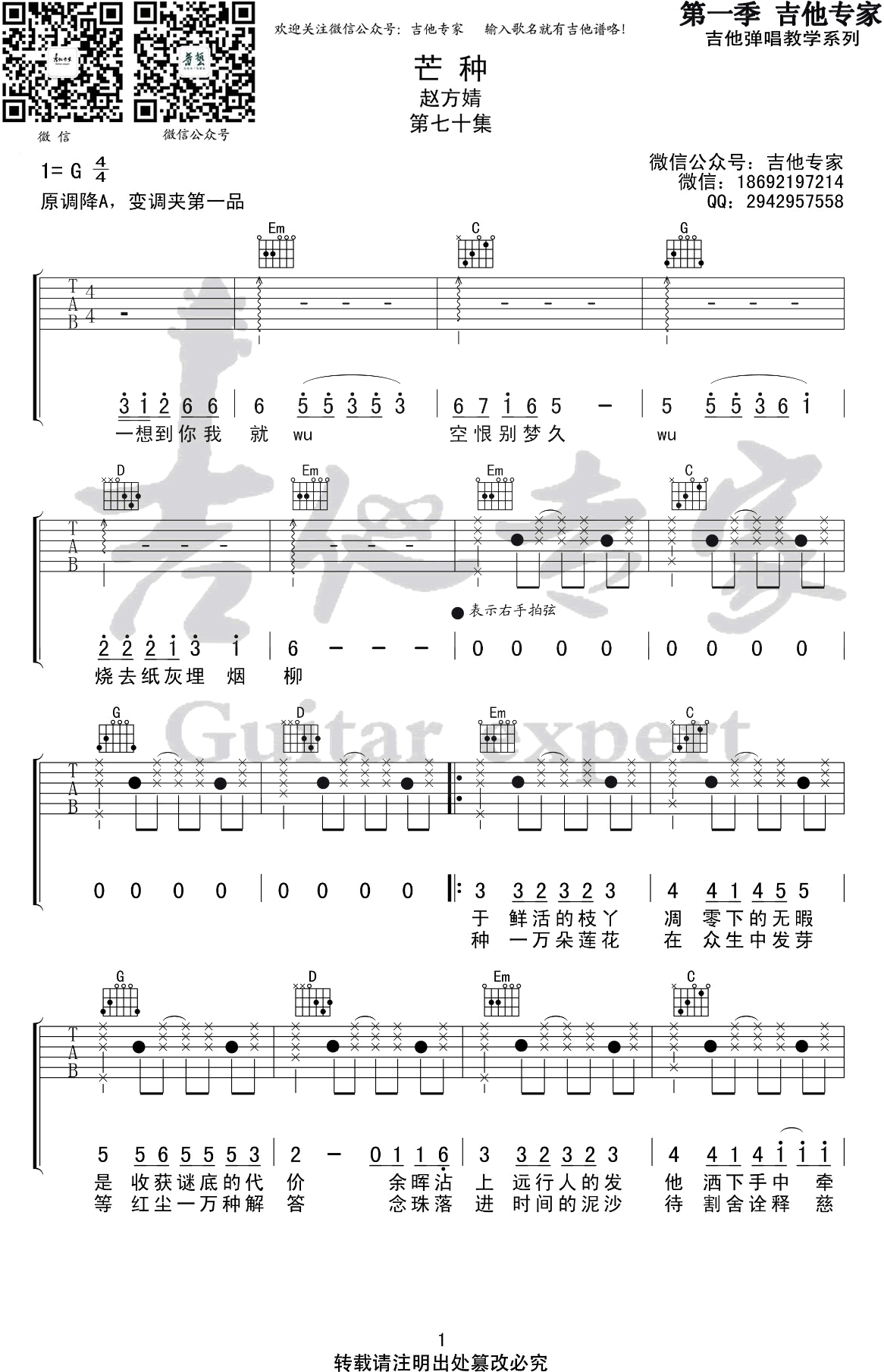 芒种吉他谱-赵方婧-G调六线谱-抖音热门歌曲1