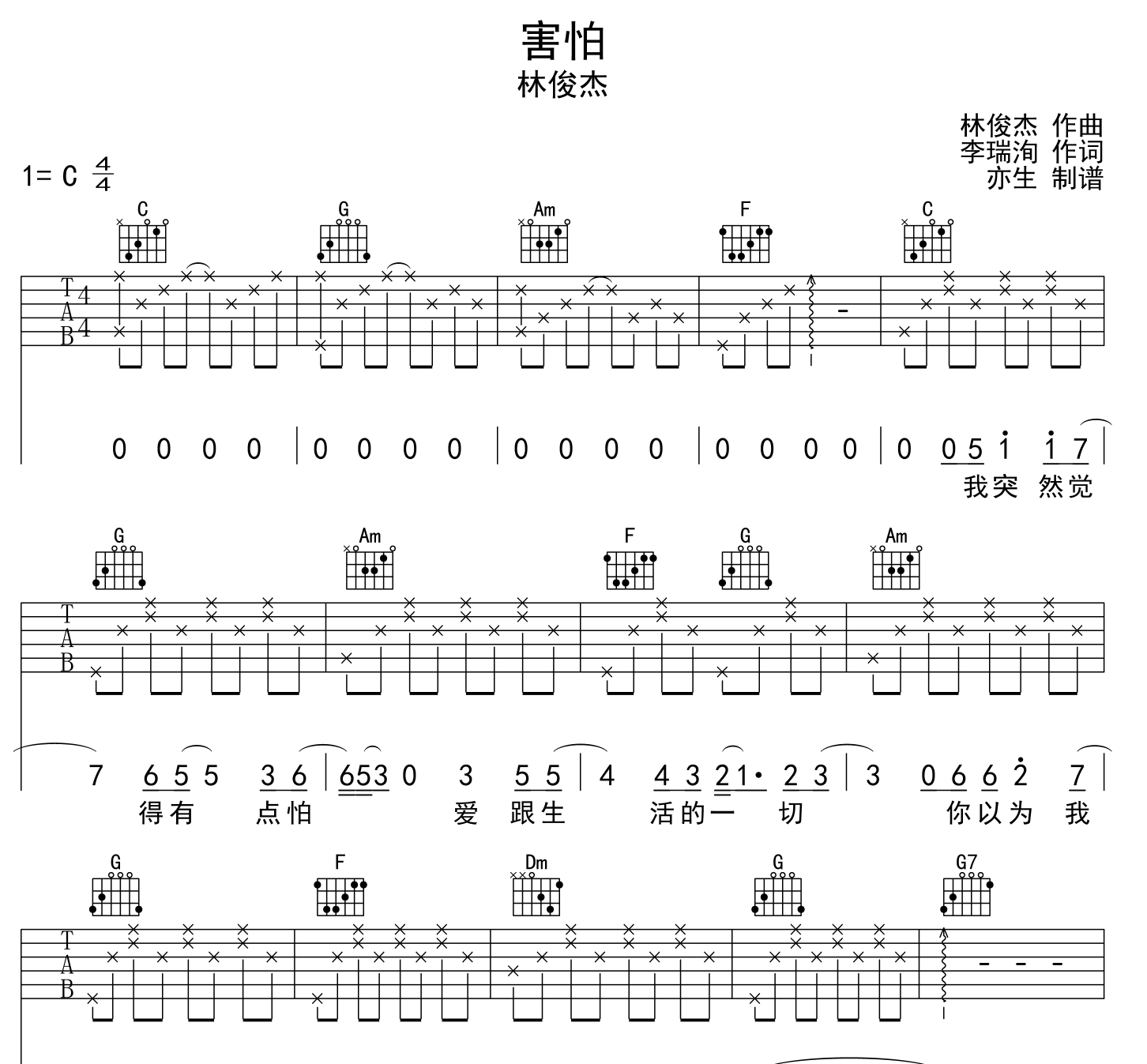 害怕吉他谱_林俊杰_《害怕》C调六线谱_吉他弹唱谱1