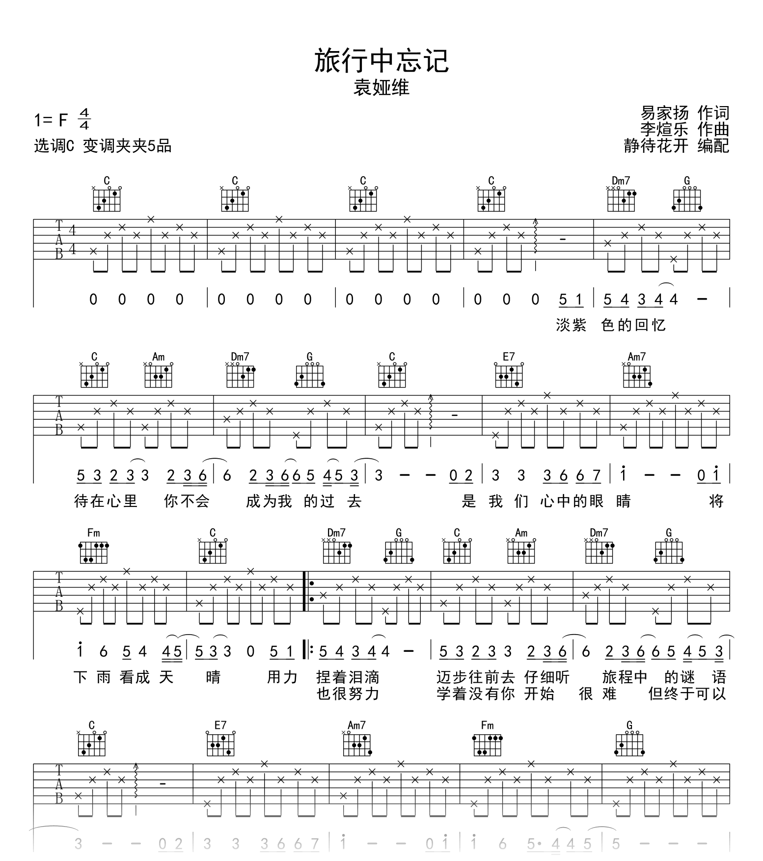 旅行中忘记吉他谱_袁娅维_C调弹唱六线谱2