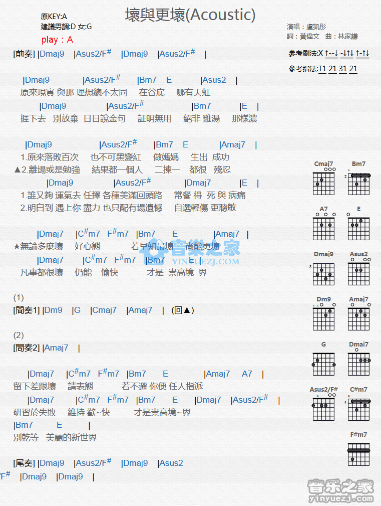 坏与更坏和弦谱 A调女生版_音乐之家编配_卢凯彤1