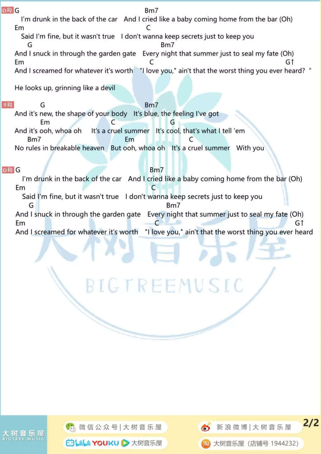 Cruel Summer吉他谱 G调-Taylor Swift1
