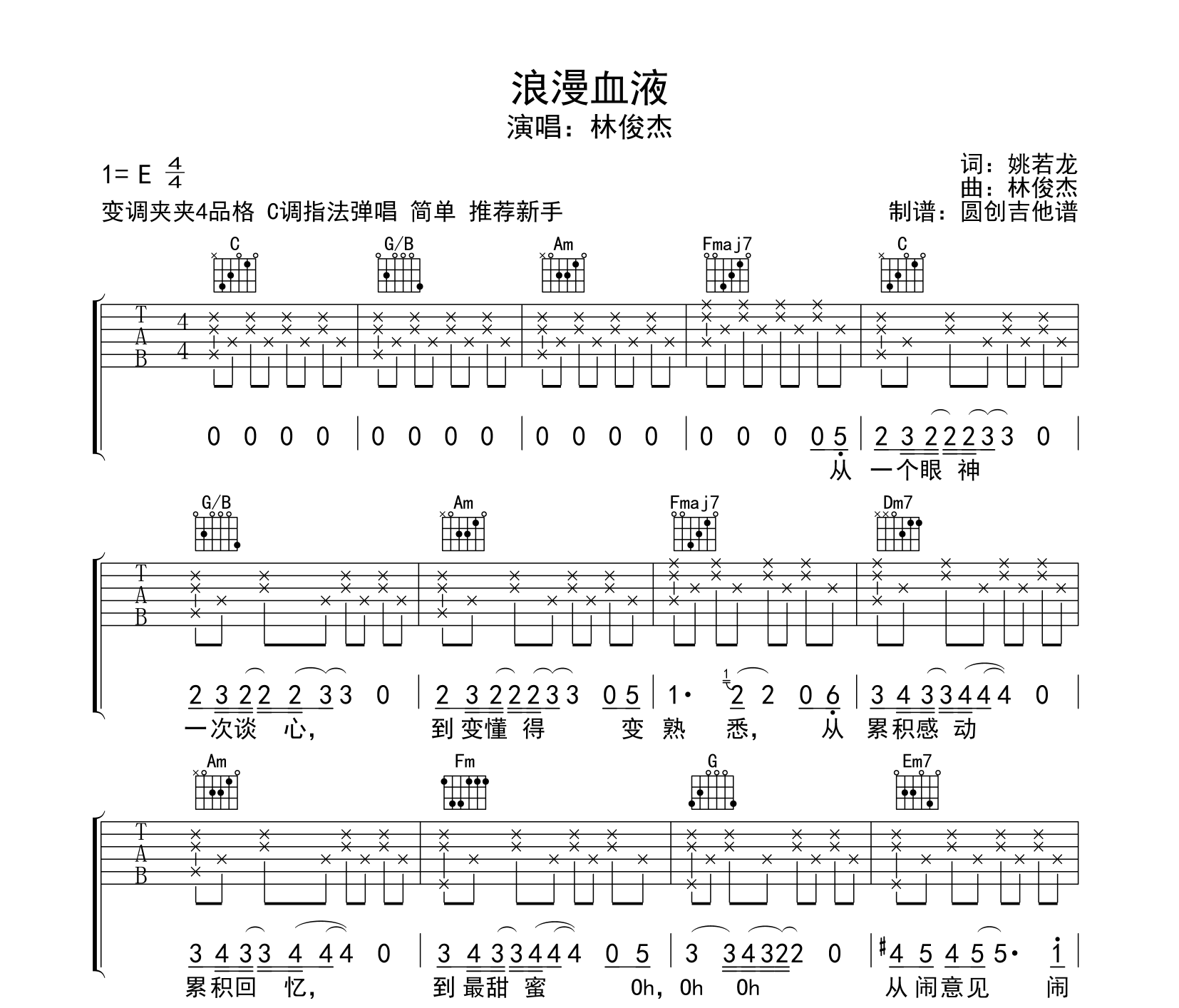 浪漫血液吉他谱 林俊杰 C调版弹唱吉他谱1