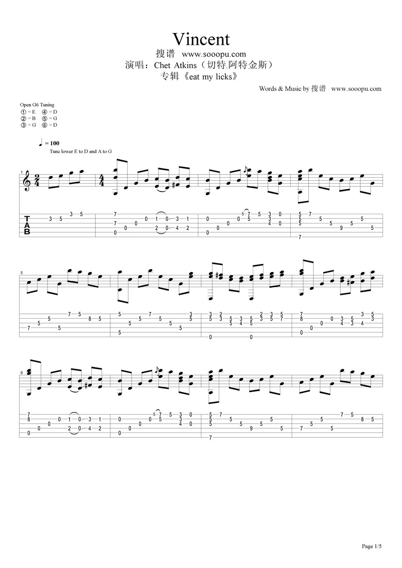 vincent指弹谱 原调六线谱_搜谱网编配_Chet Atkins1