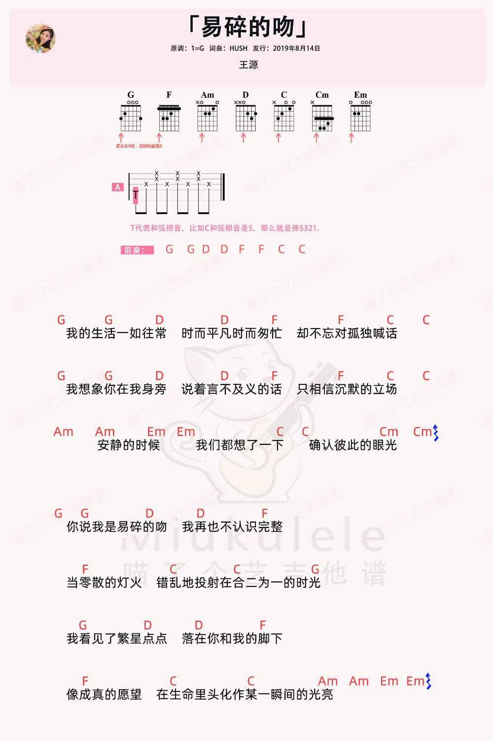 《易碎的吻》吉他谱-王源-G调简单版弹唱谱-高清和弦图谱1