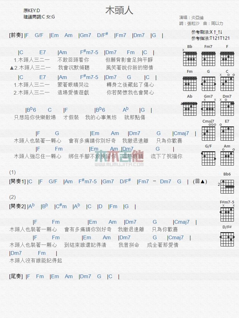 木头人_吉他谱_炎亚纶1