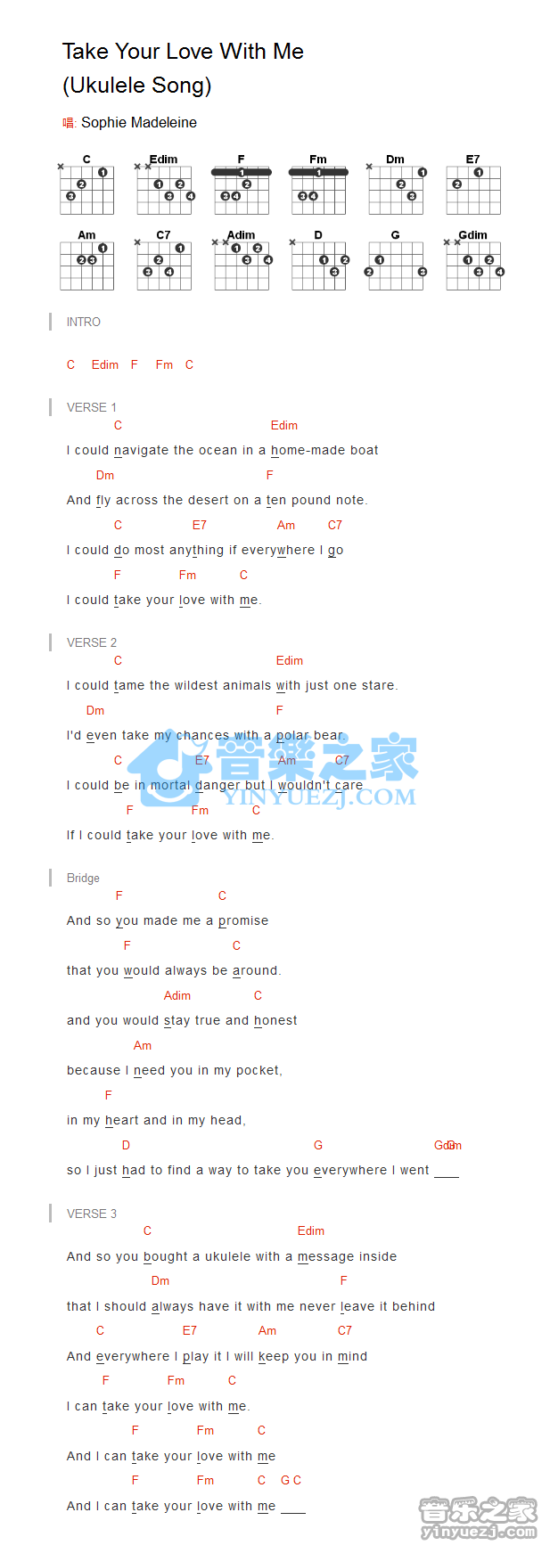 Take Your Love With Me吉他谱 C调和弦谱_音乐之家编配_Sophie Madeleine1