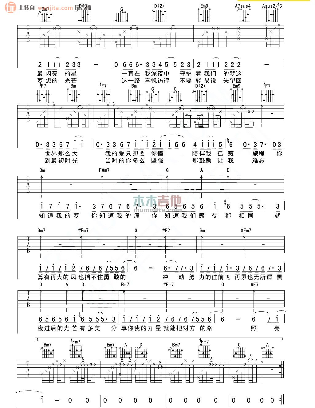 我们都一样(吉他谱)_张杰_D调原版高清六线谱1