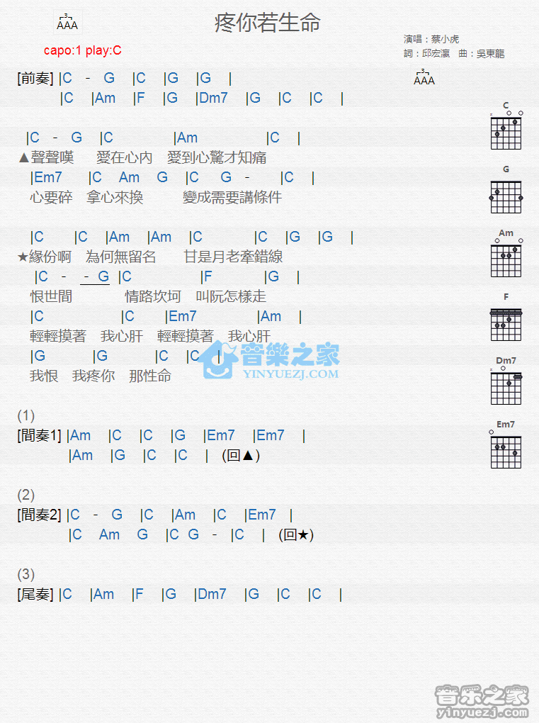 疼你若生命吉他谱 C调版 蔡小虎1