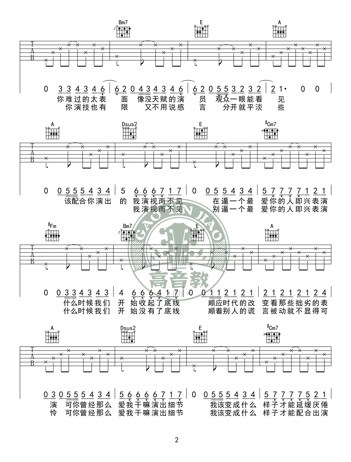 薛之谦《演员》A调简单版吉他弹唱六线谱2