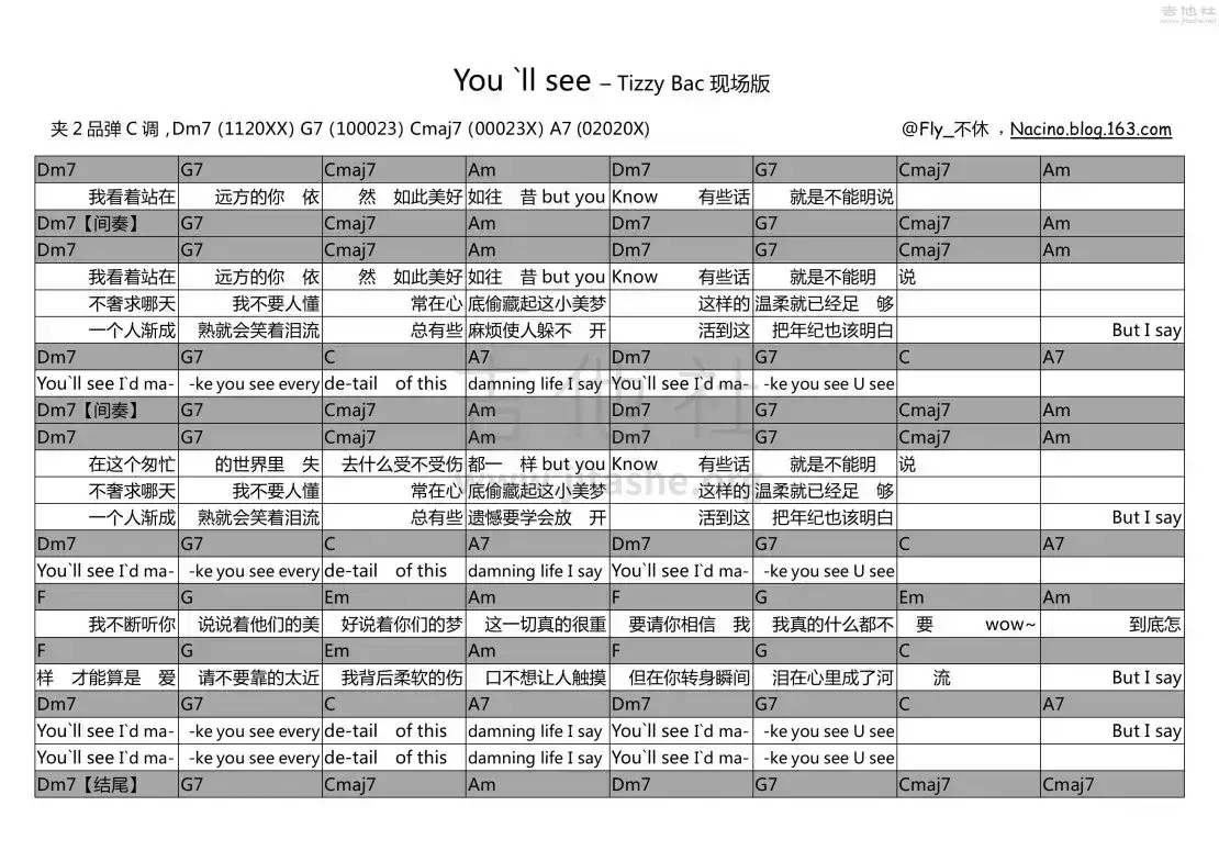 You'll see吉他谱 C调和弦谱-吉他社编配-Tizzy Bac1