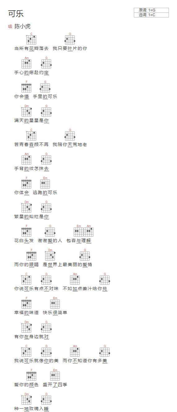 可乐吉他谱_陈小虎_C调指法简单版编配_吉他弹唱谱1
