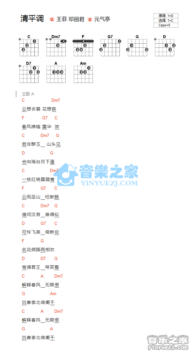 清平调吉他谱 C调和弦谱-王菲1