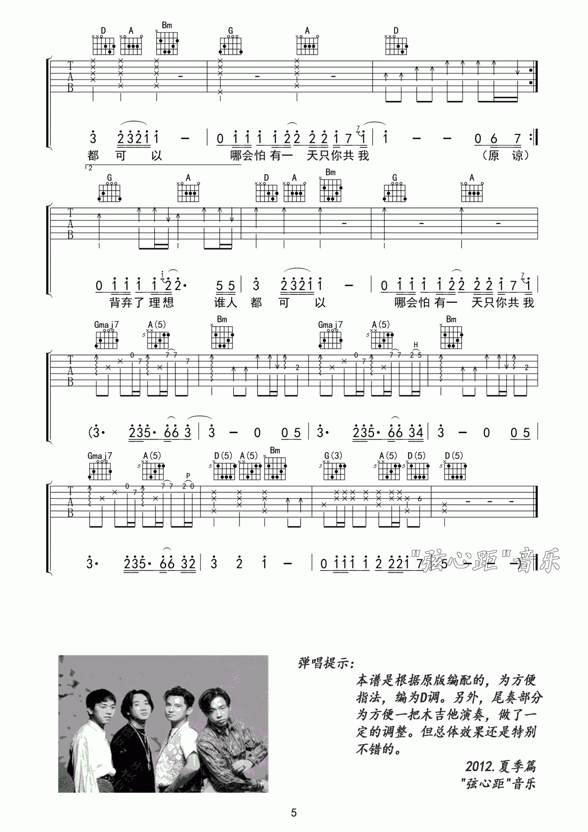 beyond 海阔天空吉他谱 弦心距D调5