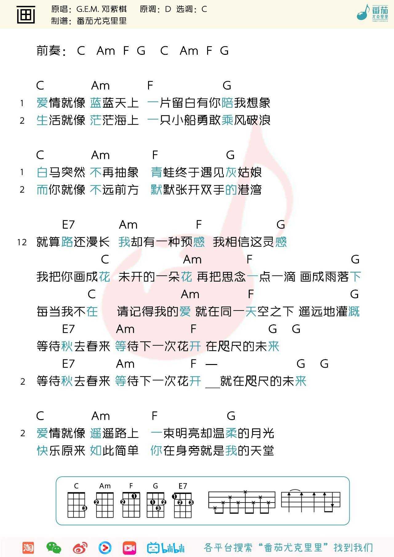 邓紫棋《画》尤克里里谱 弹唱视频教学1