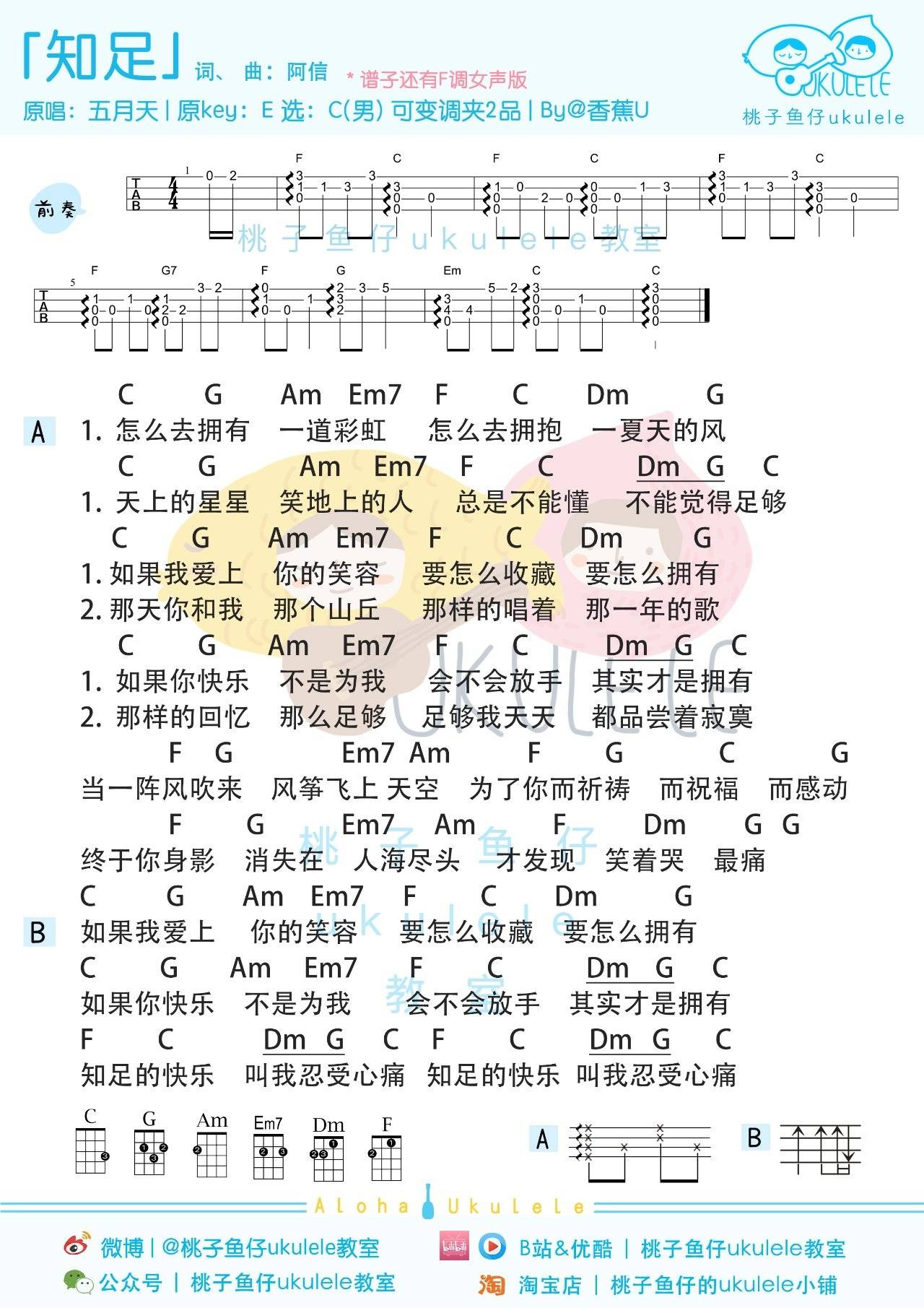 知足尤克里里谱 五月天/林俊杰 弹唱 指弹教学3