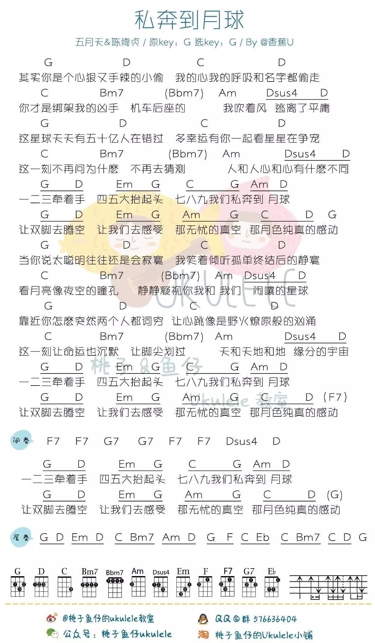 私奔到月球尤克里里谱五月天/陈绮贞 尤克里里弹唱教学视频1