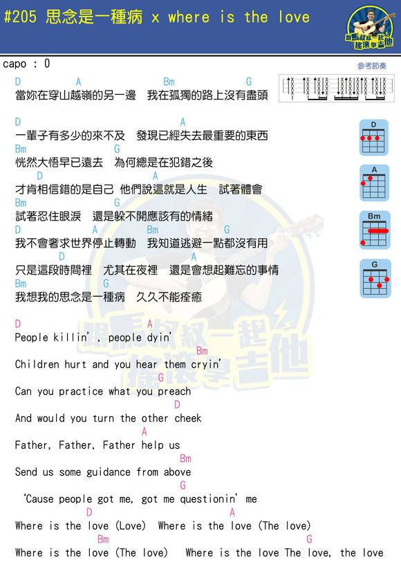 思念是一种病尤克里里谱 where is the love 混合弹唱 BY马叔叔1