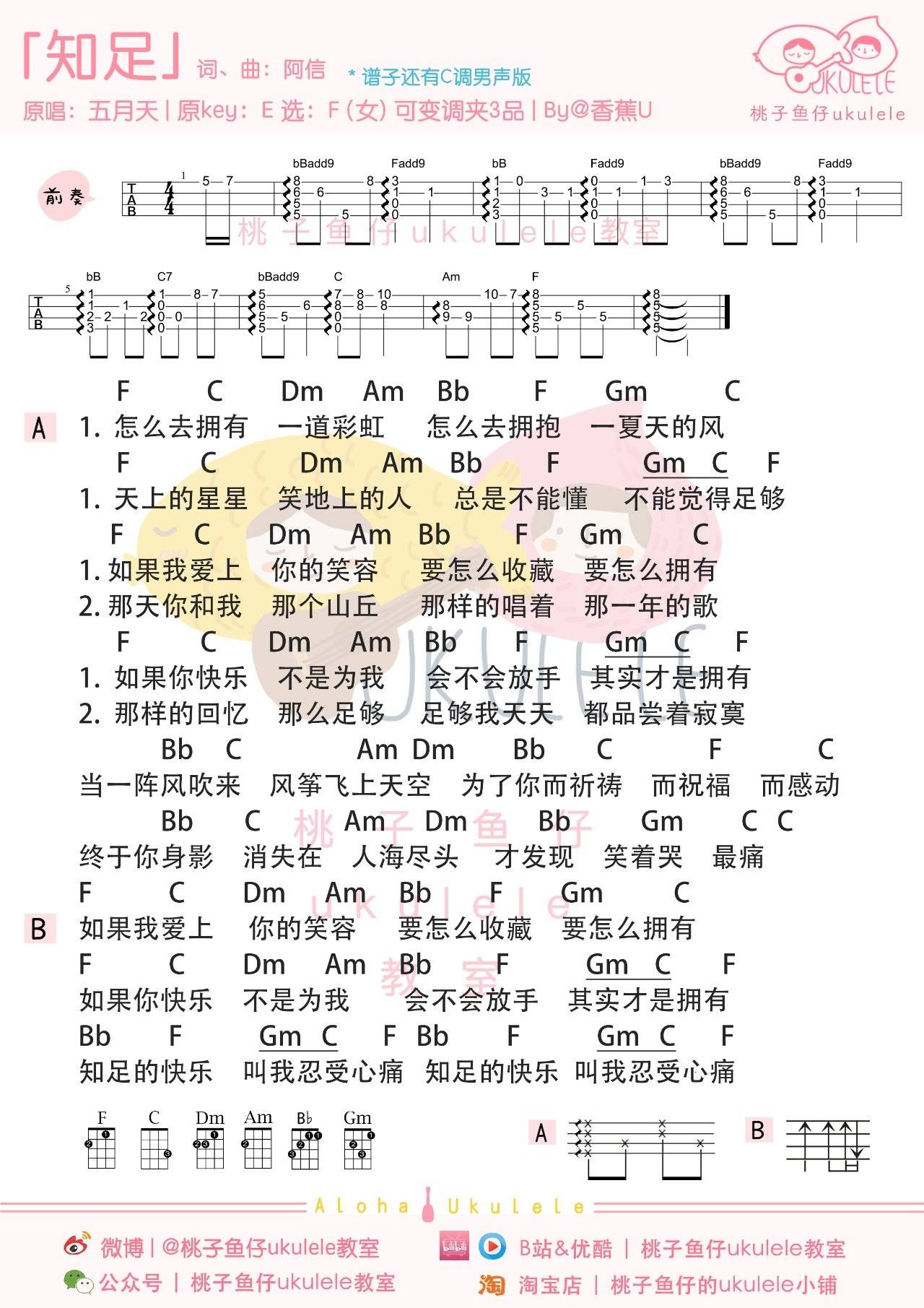 知足尤克里里谱 五月天/林俊杰 弹唱 指弹教学2