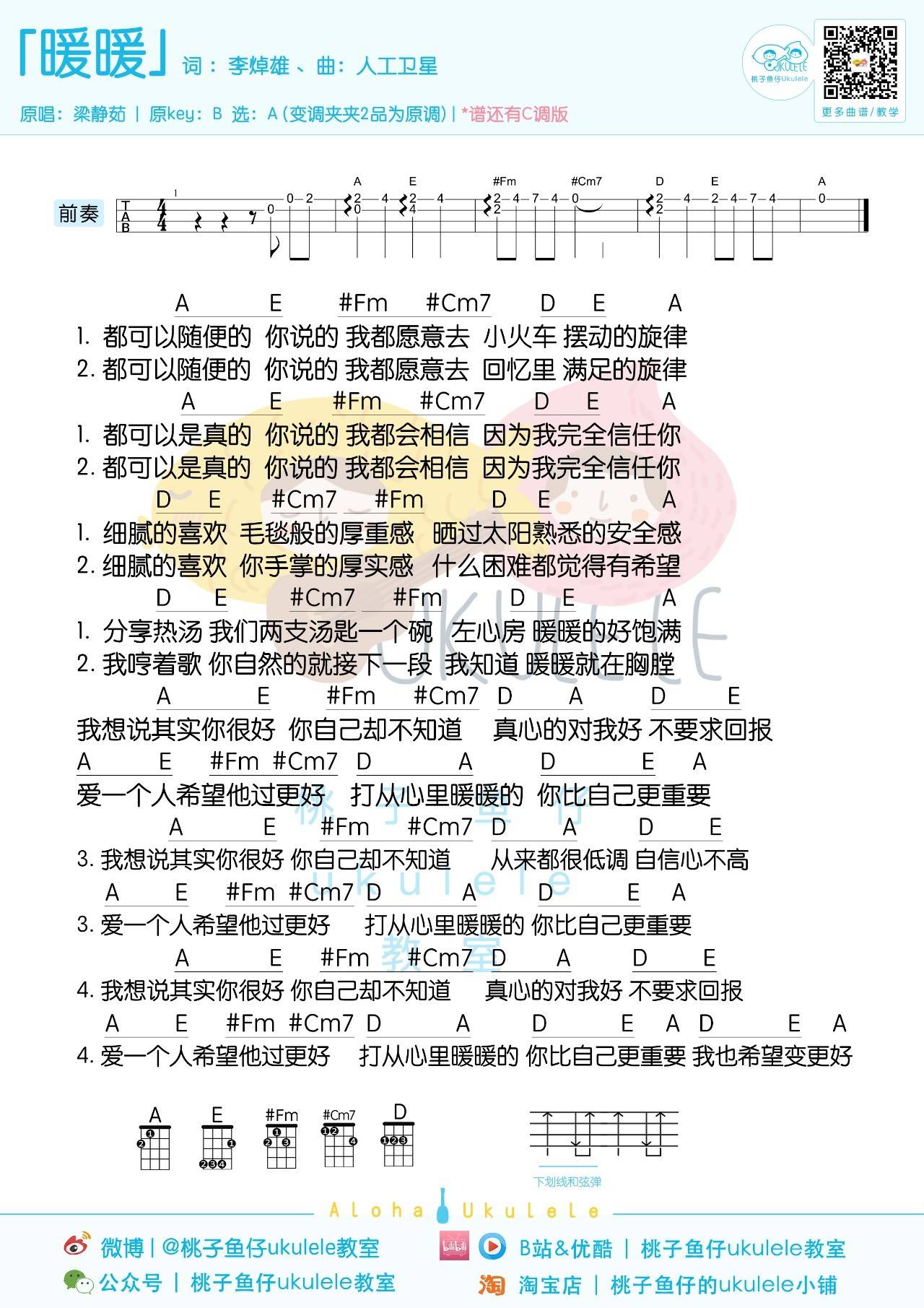暖暖尤克里里谱 梁静茹 尤克里里弹唱视频教学 桃子鱼仔2